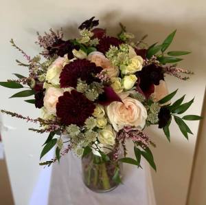 $187 - bouquet burg dahlia pink heather blush pink O'Hara rose burgundy calla chocolate cosmos white astrantia ruscus bouquet